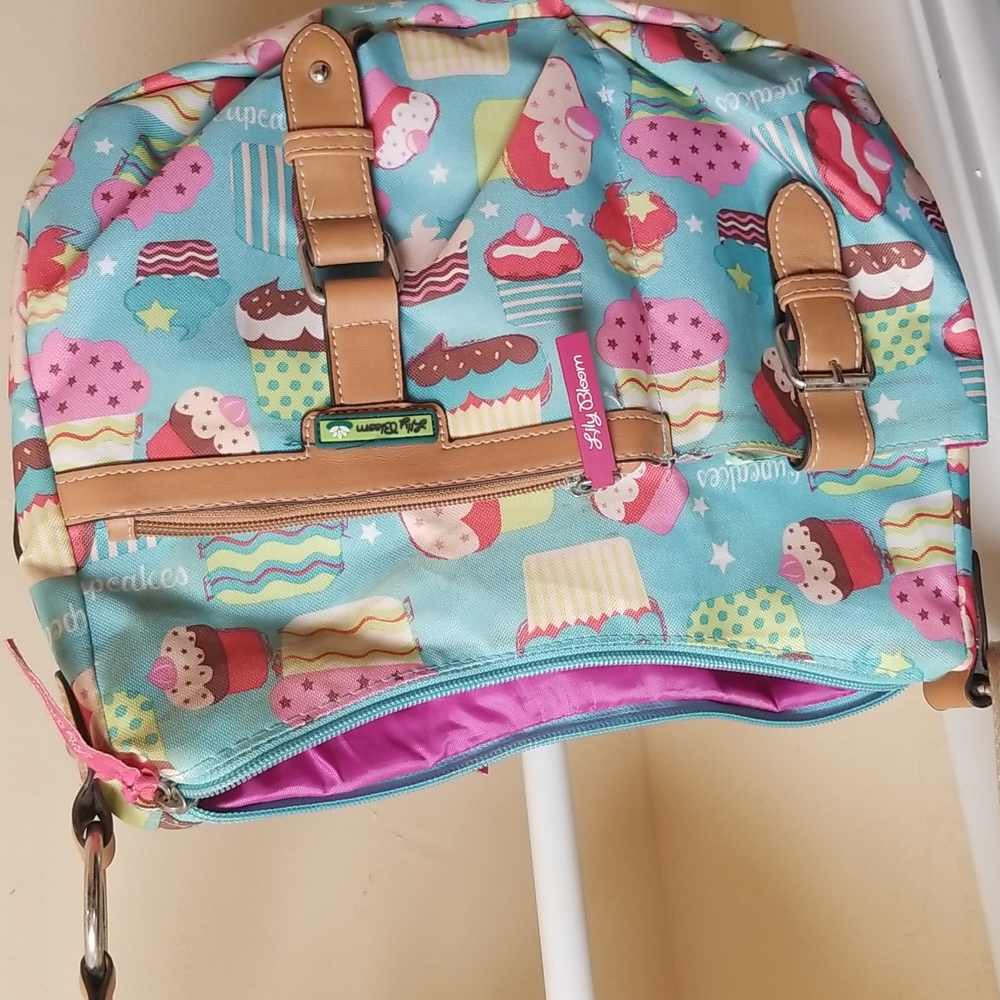Lily Bloom Colorful Cupcake Bakery Print  Purse W/ Brown Trim